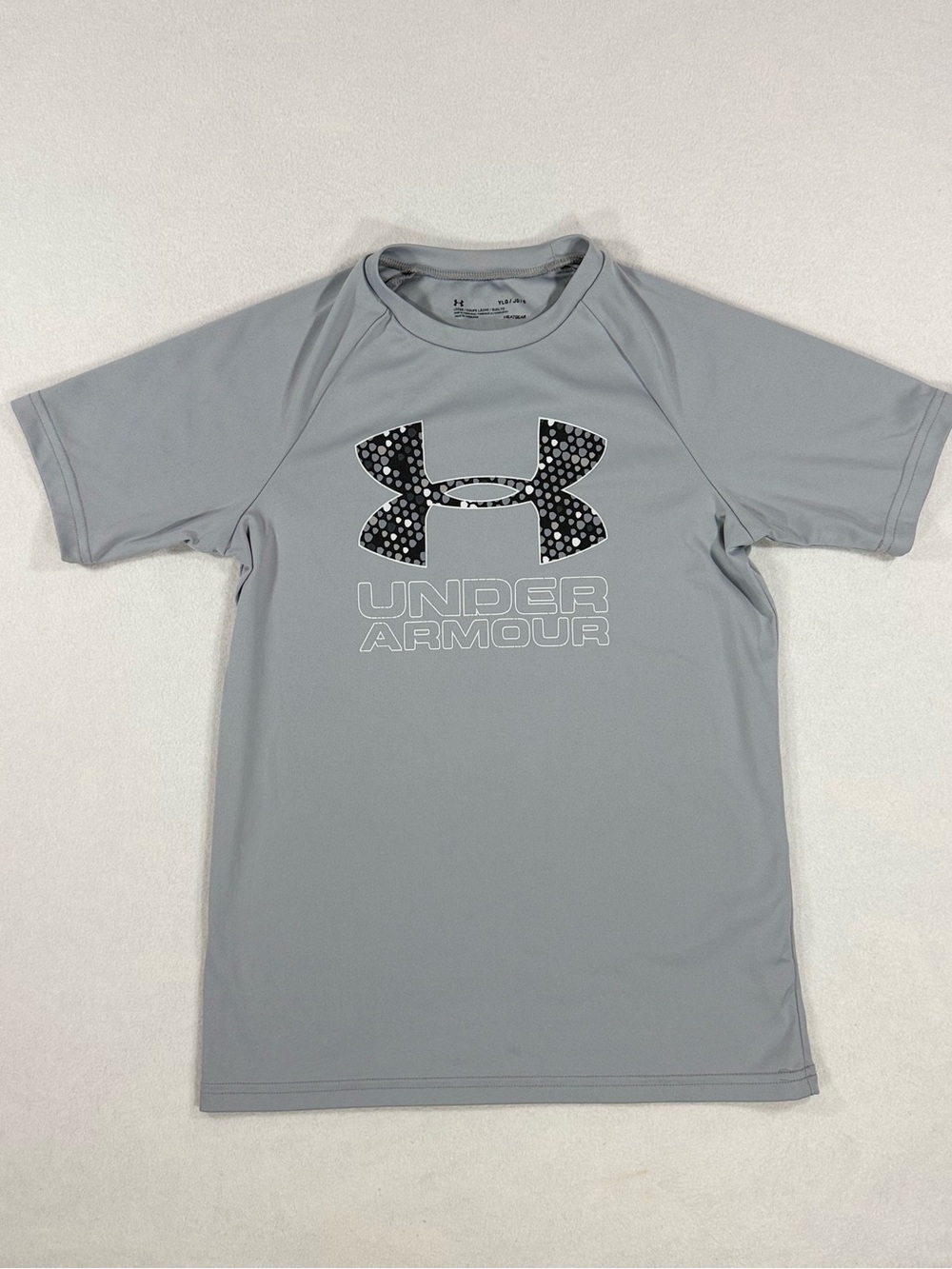 Under Armour Boys’ Tech Hybrid Print Fill Logo Gray Short Sleeve Tee Size Large